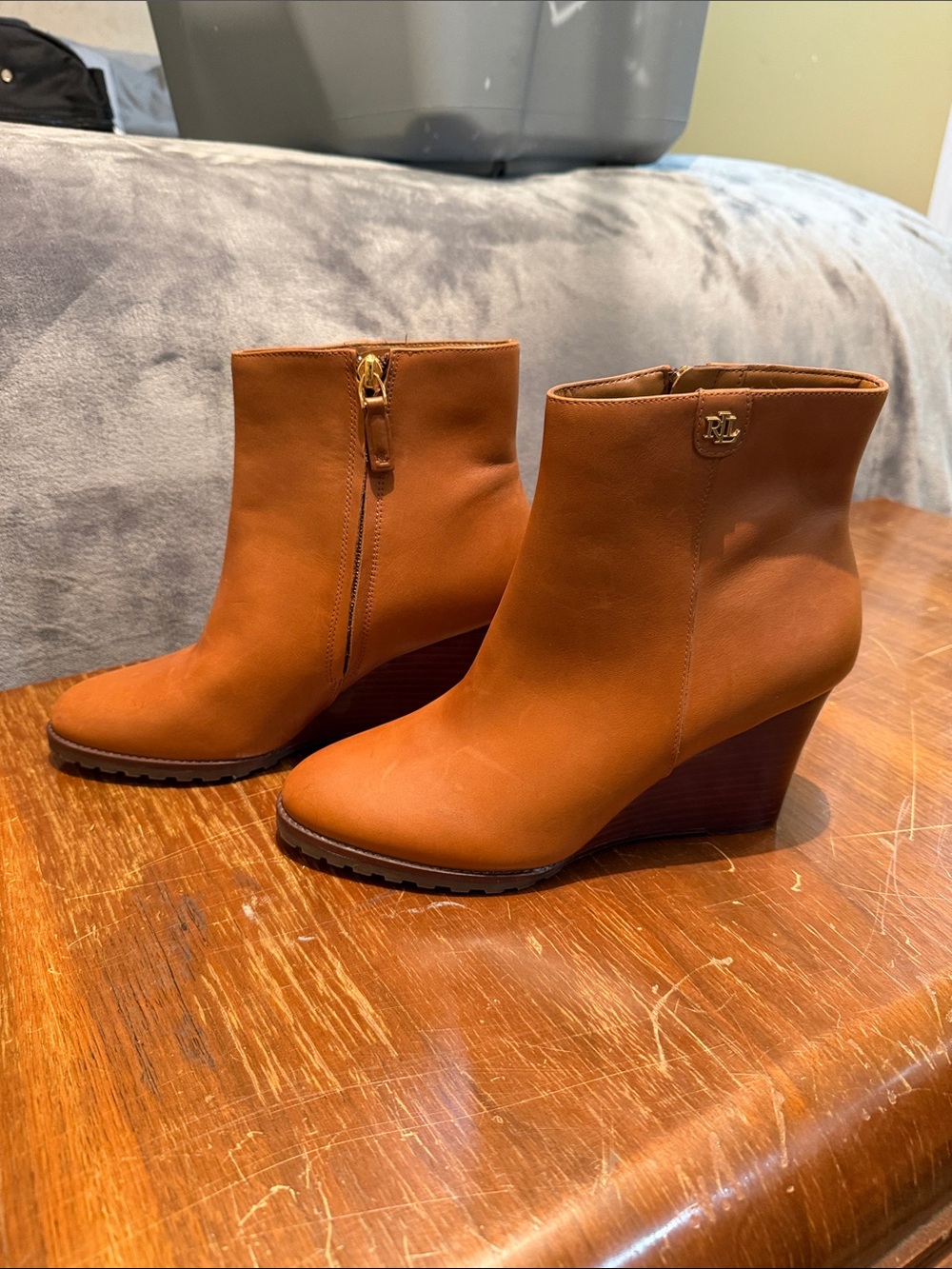 Ralph Lauren Tan Leather Wedge Ankle Boots